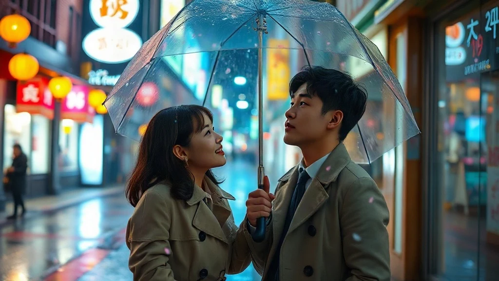 couple under umbrella in Seoul representing the best romantic korean drama mood